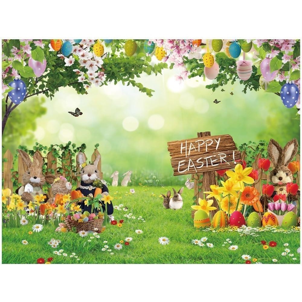Happy Easter Flowers Eggs Bunnies Spring Photo Backdrop Decoration 8' x 6'